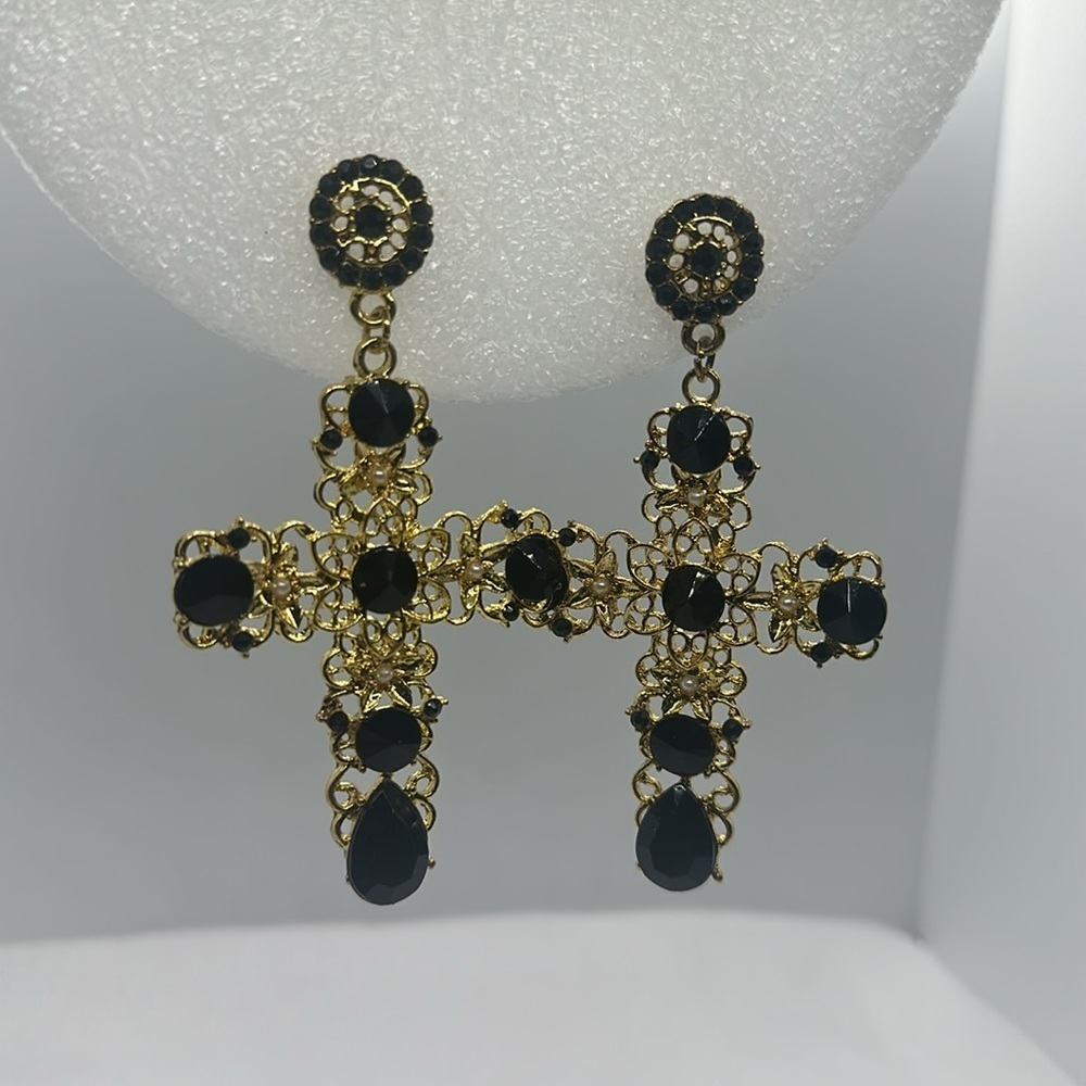 Statement Black & Gold Cross Earrings - Gothic, Victorian, Elegant 3.5" Drop - Picture 4 of 11